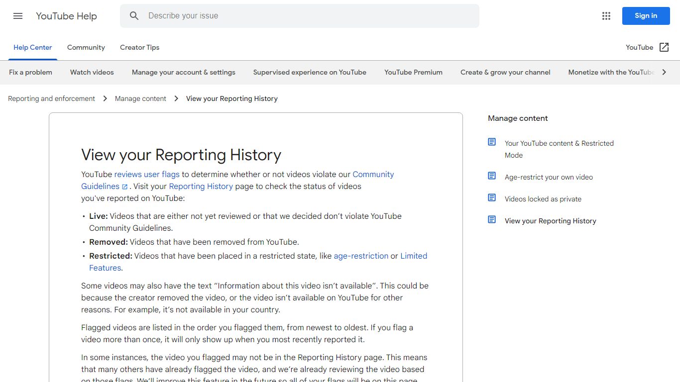 View your Reporting History - YouTube Help - Google